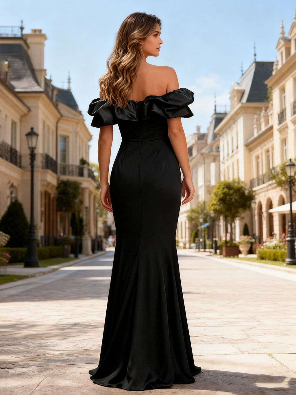 Robe sirène fourreau noire en satin à volants et épaules dénudées