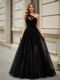Robe noire en tulle pailleté à une épaule avec fente haute élégante