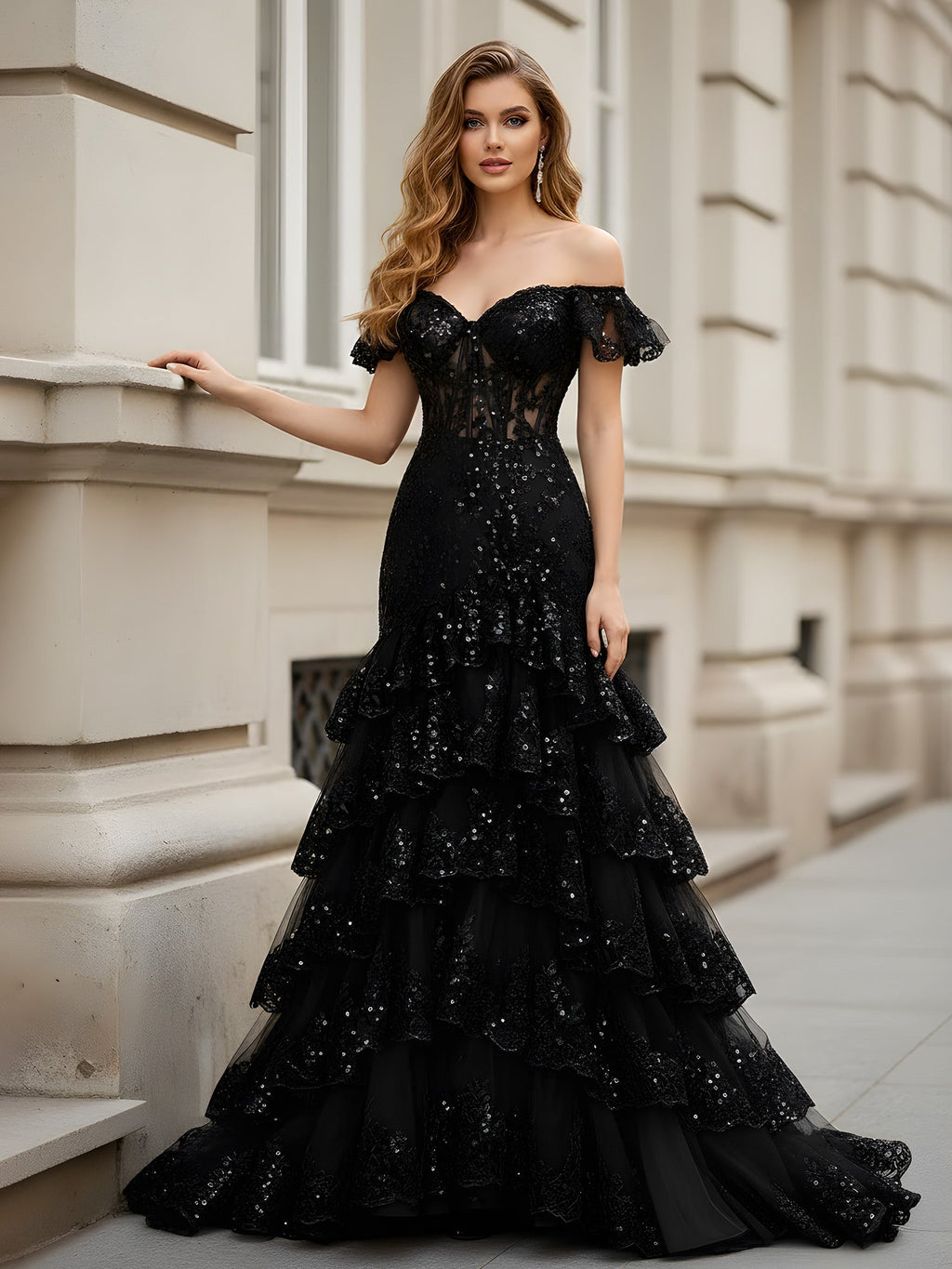 Robe de bal noire glamour à corsage corset transparent et broderies de paillettes