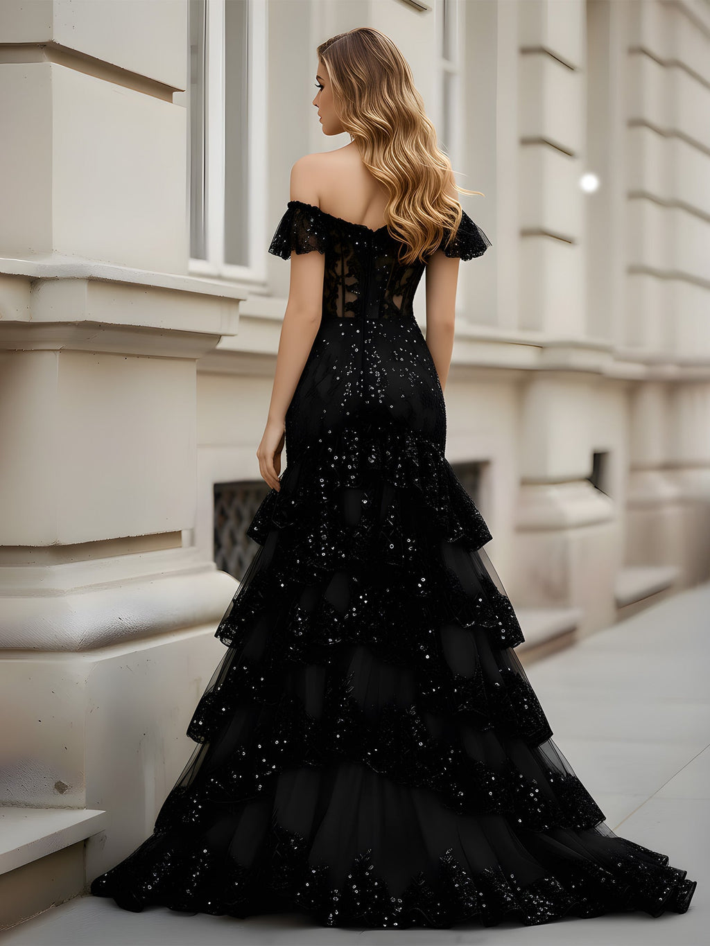 Robe de bal noire glamour à corsage corset transparent et broderies de paillettes