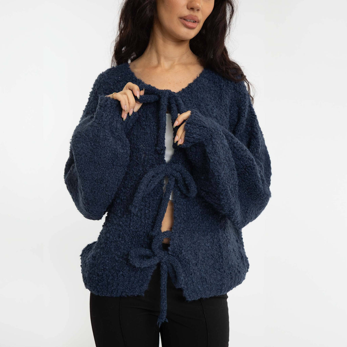 Cardigan oversize en bouclé avec liens à nouer