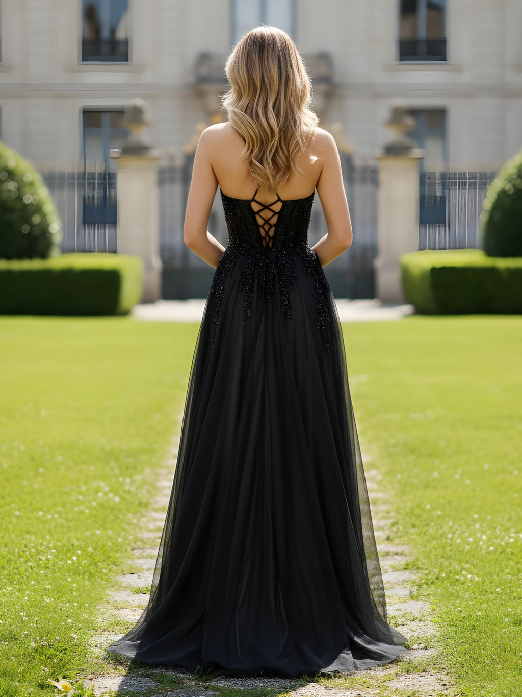 Robe trapèze noire en tulle avec corset appliqué, col en V et élégante fente