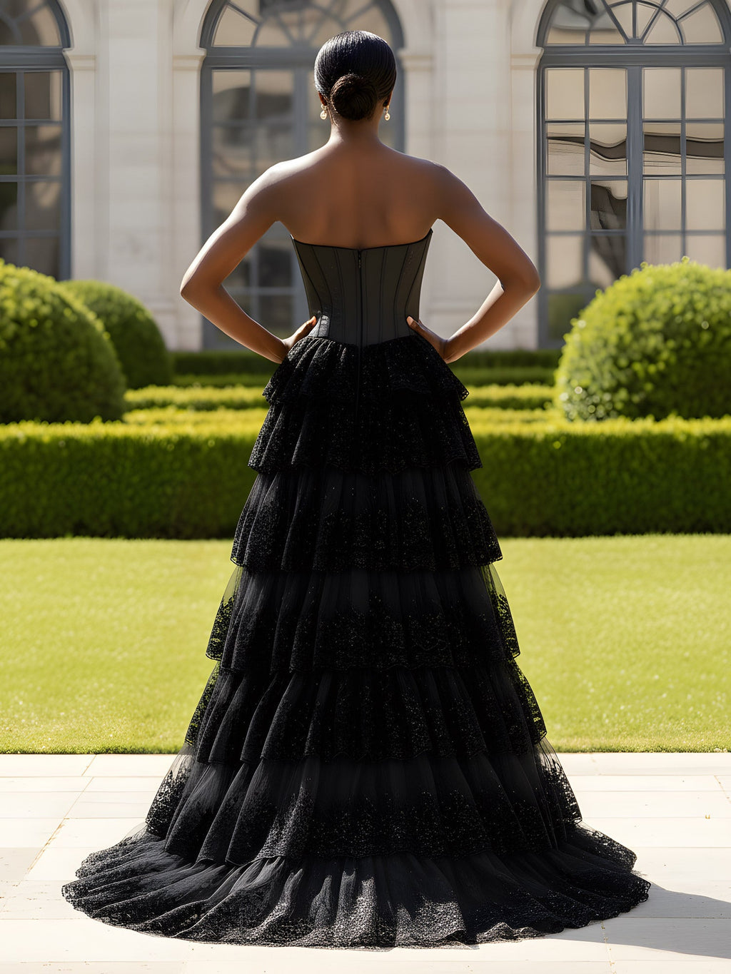 Élégante robe noire bustier en tulle à volants avec corsage corseté structuré
