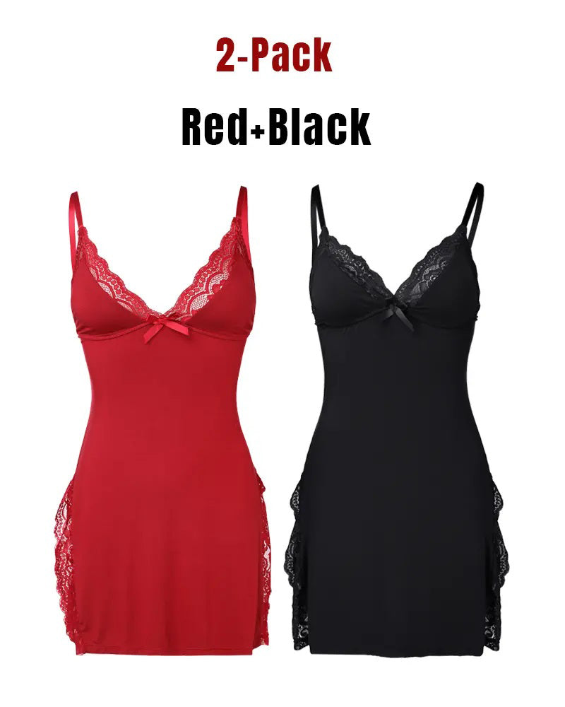 Chemise de nuit sexy en modal à dentelle et fente sur le côté, avec jarretelles, pour femme