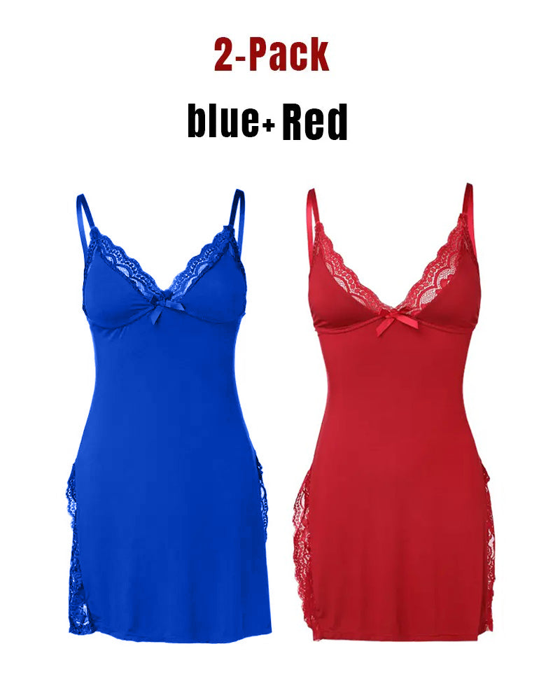 Chemise de nuit sexy en modal à dentelle et fente sur le côté, avec jarretelles, pour femme