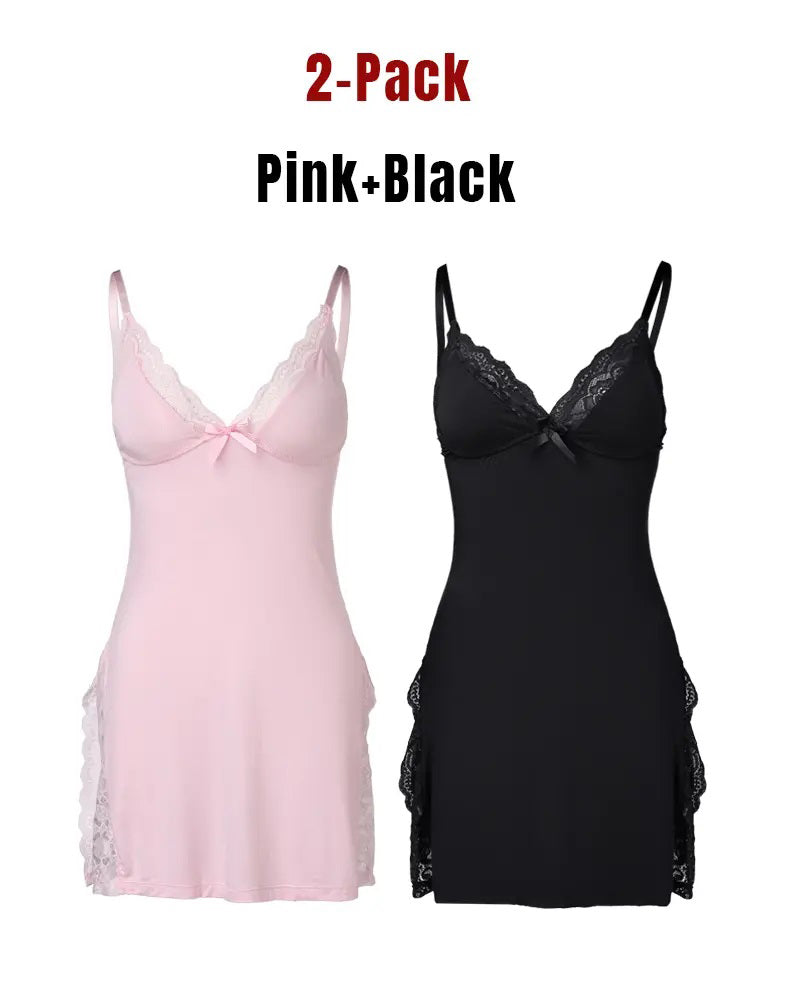 Chemise de nuit sexy en modal à dentelle et fente sur le côté, avec jarretelles, pour femme