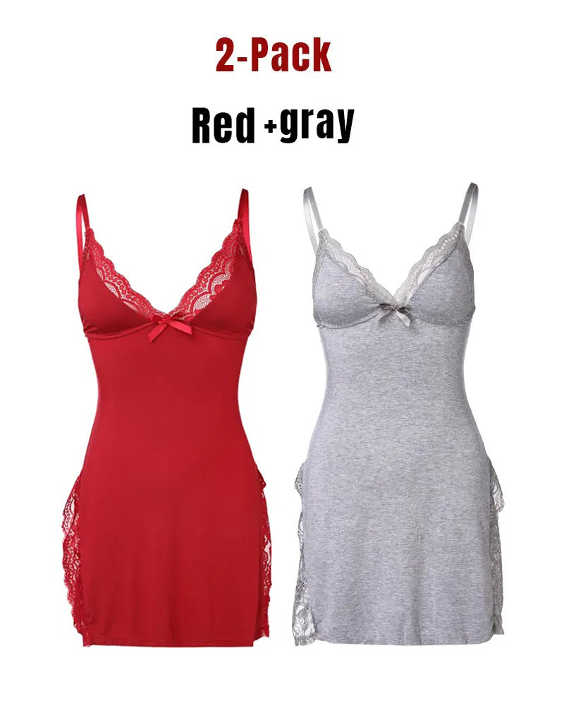 Chemise de nuit sexy en modal à dentelle et fente sur le côté, avec jarretelles, pour femme