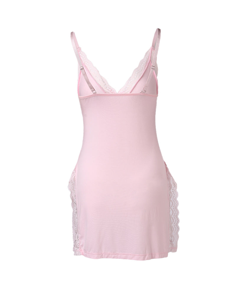 Chemise de nuit sexy en modal à dentelle et fente sur le côté, avec jarretelles, pour femme