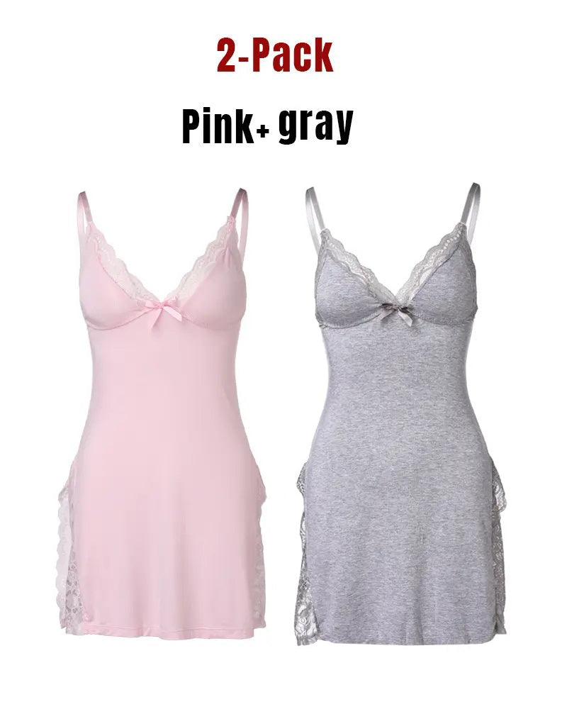Chemise de nuit sexy en modal à dentelle et fente sur le côté, avec jarretelles, pour femme