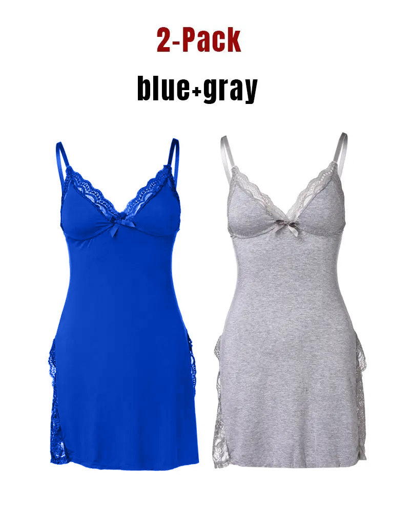 Chemise de nuit sexy en modal à dentelle et fente sur le côté, avec jarretelles, pour femme