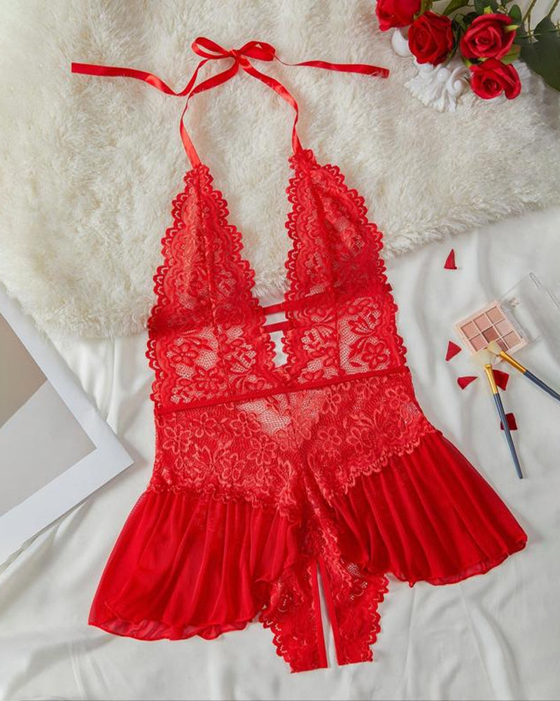 Pyjama sexy en dentelle de couleur unie pour femme