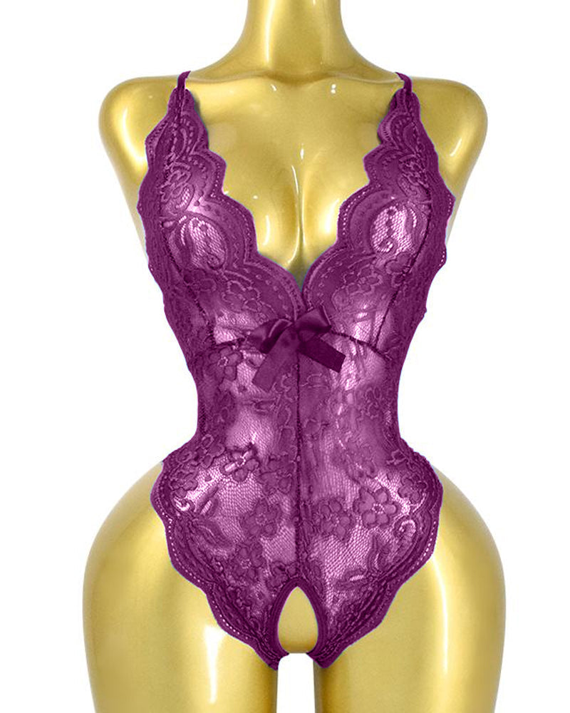 Pyjama une pièce sexy à encolure en V plongeante, en dentelle florale translucide, avec dos croisé et entrejambe ouvert