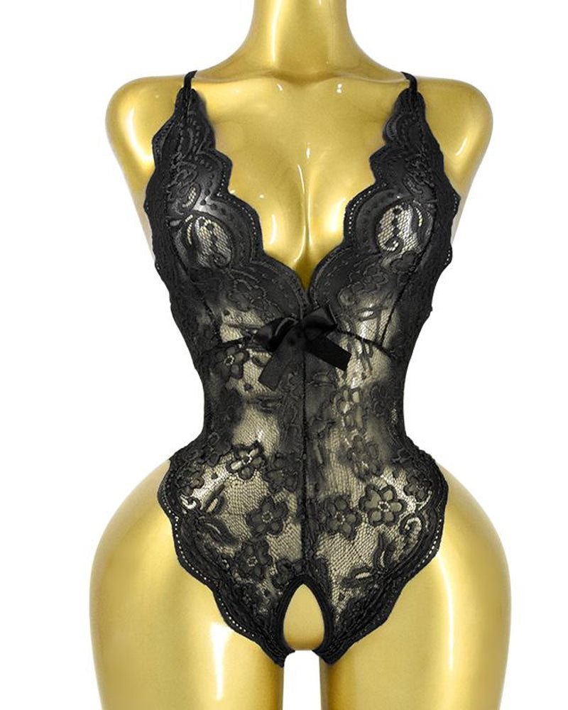 Pyjama une pièce sexy à encolure en V plongeante, en dentelle florale translucide, avec dos croisé et entrejambe ouvert