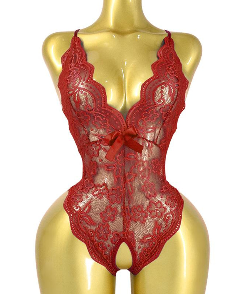 Pyjama une pièce sexy à encolure en V plongeante, en dentelle florale translucide, avec dos croisé et entrejambe ouvert