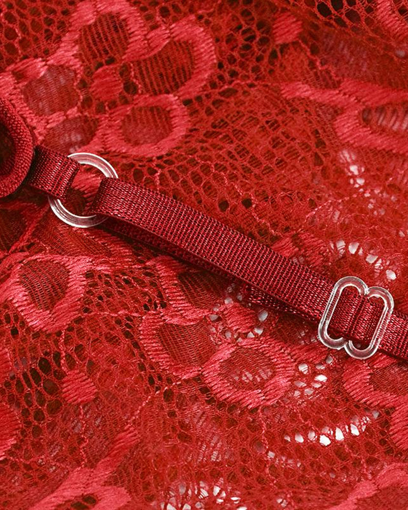 Pyjama une pièce sexy à encolure en V plongeante, en dentelle florale translucide, avec dos croisé et entrejambe ouvert