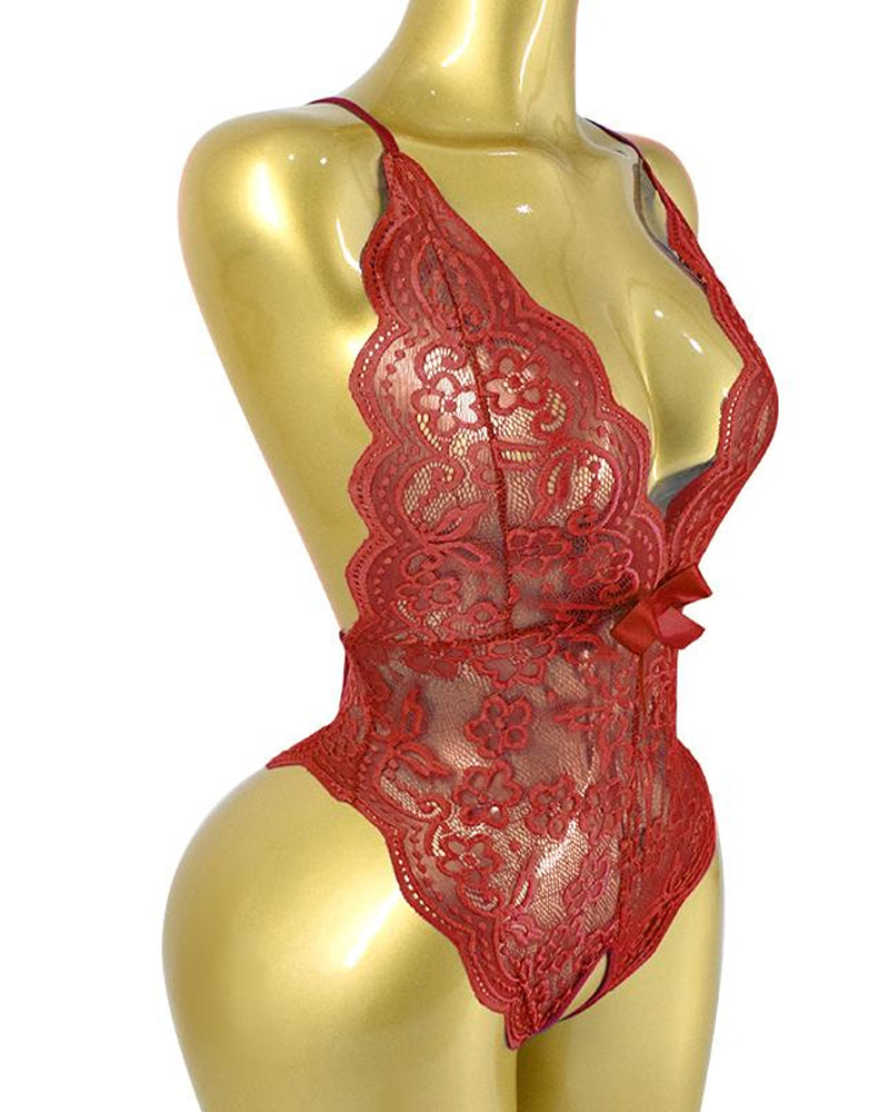 Pyjama une pièce sexy à encolure en V plongeante, en dentelle florale translucide, avec dos croisé et entrejambe ouvert