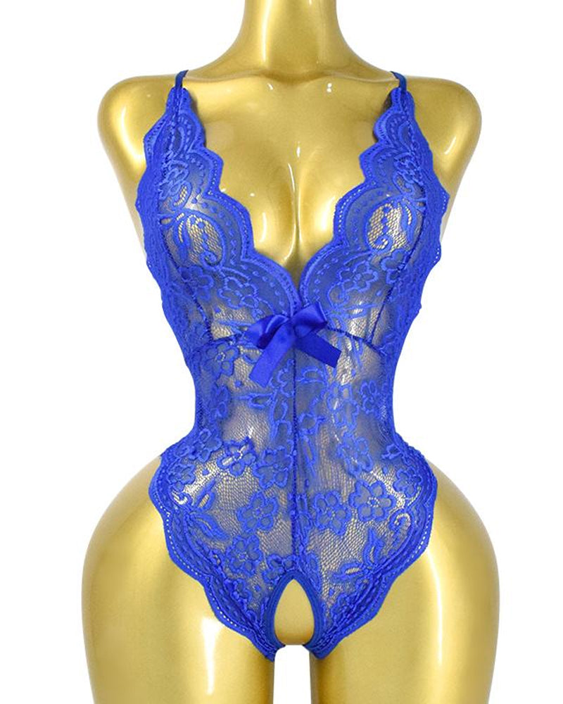 Pyjama une pièce sexy à encolure en V plongeante, en dentelle florale translucide, avec dos croisé et entrejambe ouvert