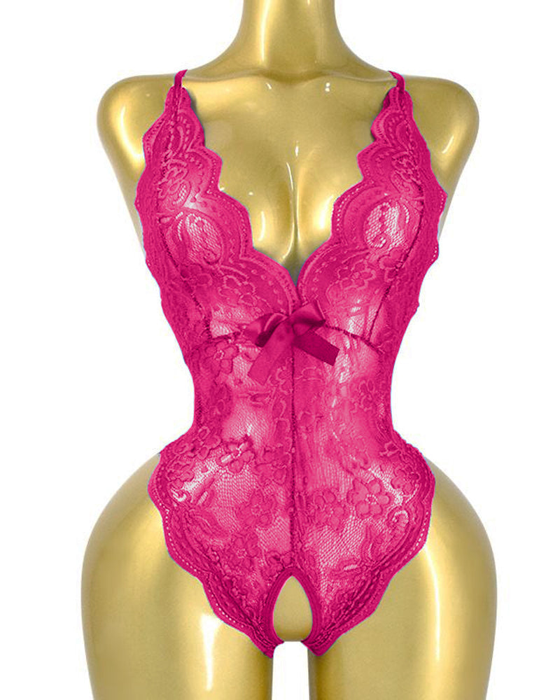 Pyjama une pièce sexy à encolure en V plongeante, en dentelle florale translucide, avec dos croisé et entrejambe ouvert