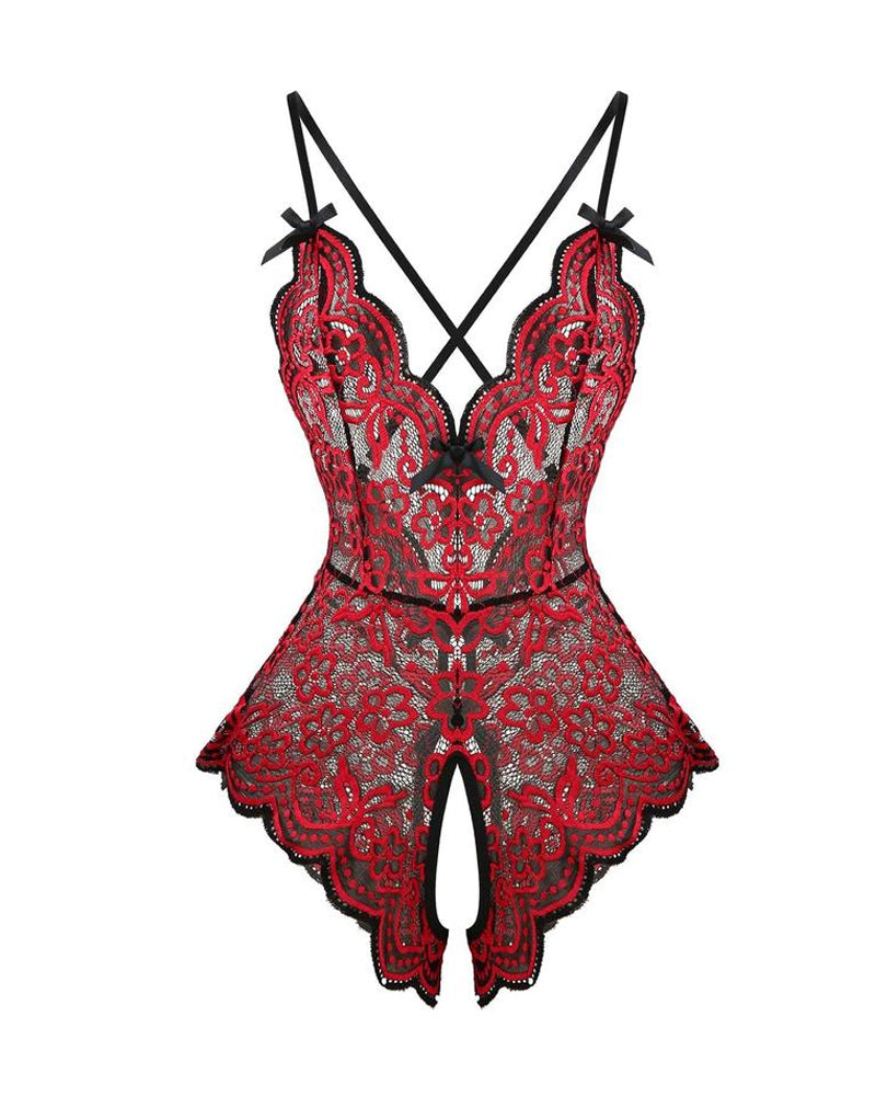 Lingerie sexy en dentelle à motif floral, décolleté en V profond et entrejambe ouvert