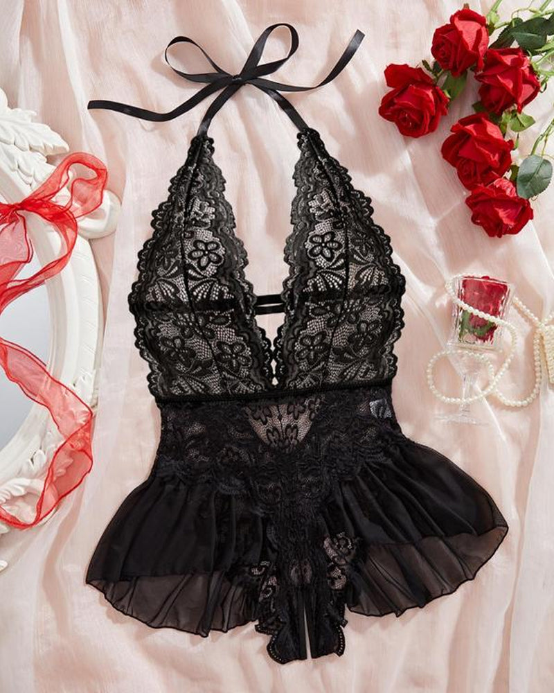 Pyjama une pièce sexy en dentelle ajourée, avec bretelles, transparent et entrejambe ouvert