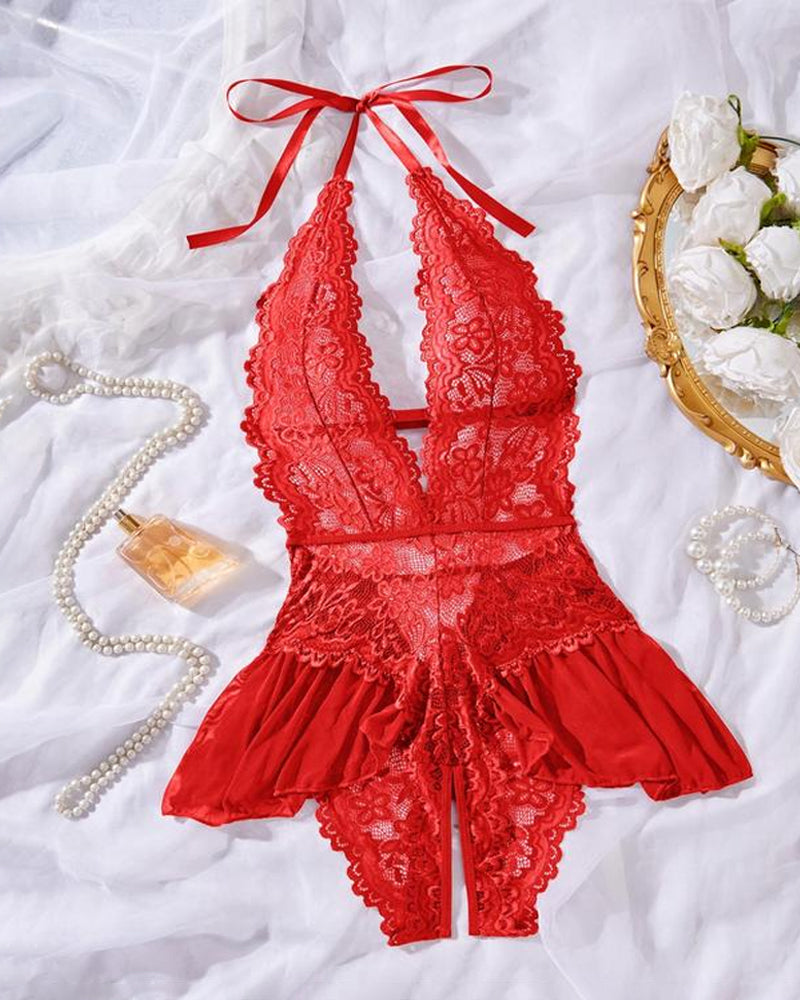 Pyjama une pièce sexy en dentelle ajourée, avec bretelles, transparent et entrejambe ouvert