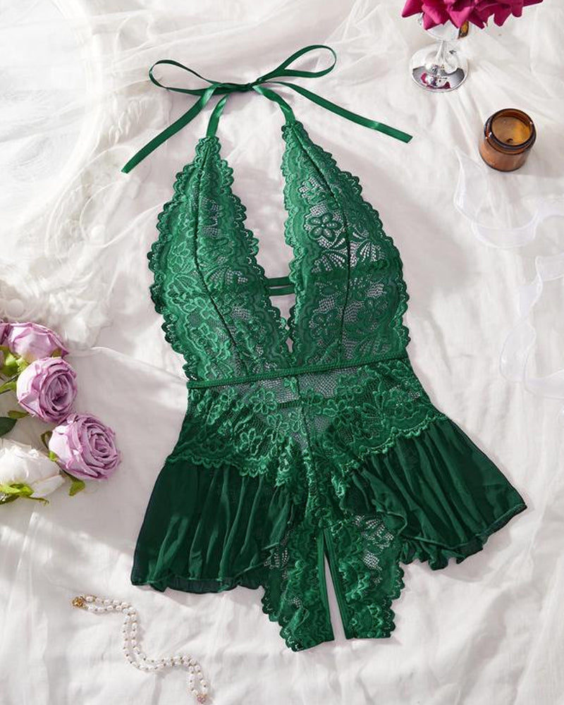 Pyjama une pièce sexy en dentelle ajourée, avec bretelles, transparent et entrejambe ouvert