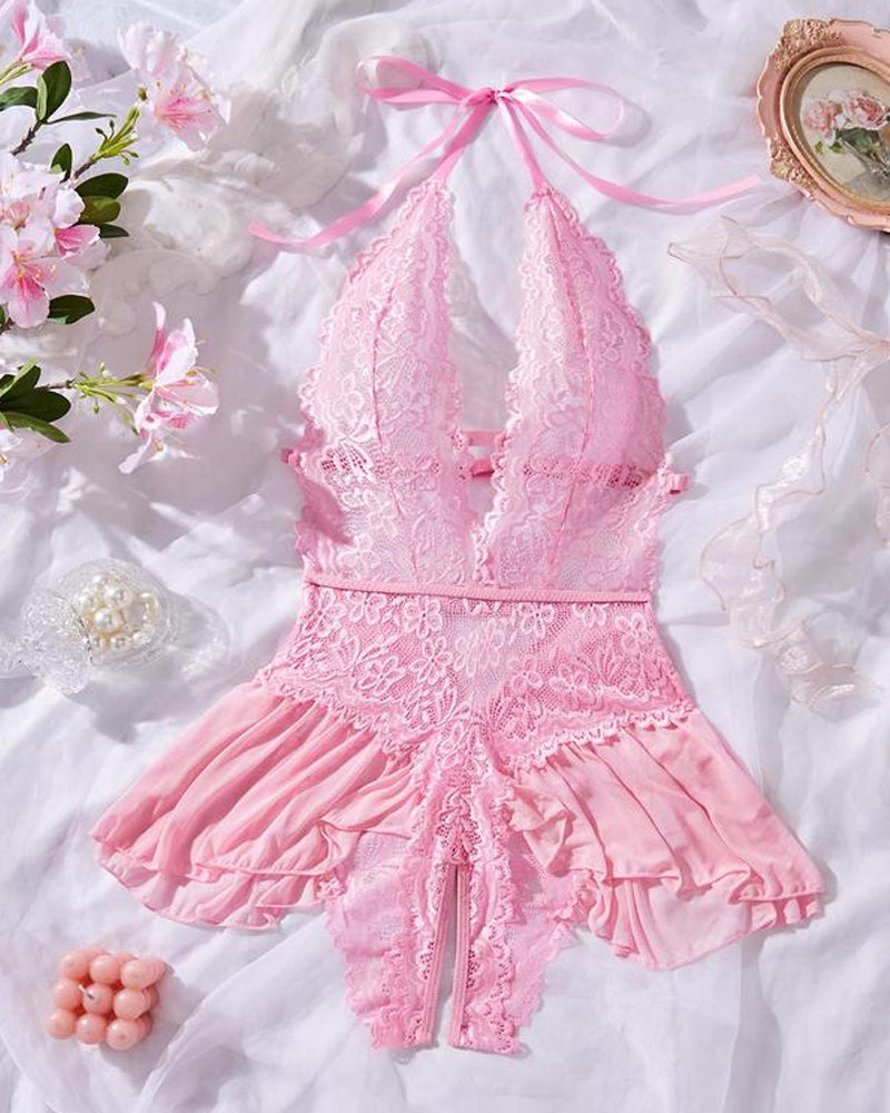 Pyjama une pièce sexy en dentelle ajourée, avec bretelles, transparent et entrejambe ouvert