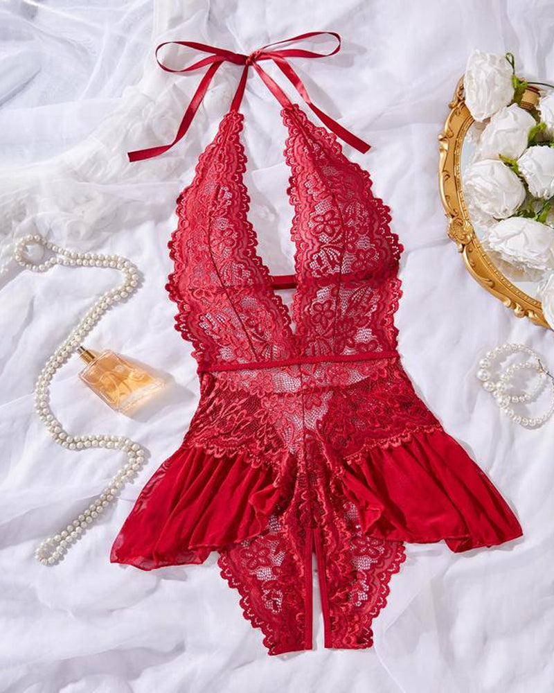 Pyjama une pièce sexy en dentelle ajourée, avec bretelles, transparent et entrejambe ouvert