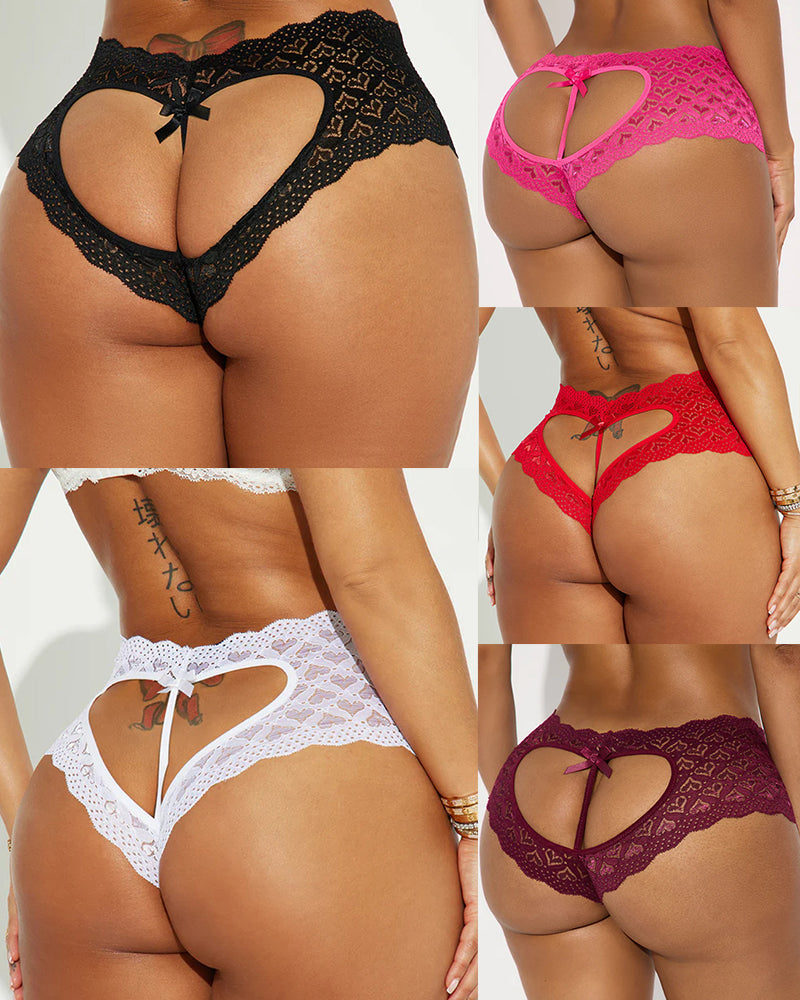 Culotte sexy pour femme en dentelle, avec nœud en forme de cœur ajouré et entrejambe ouvert