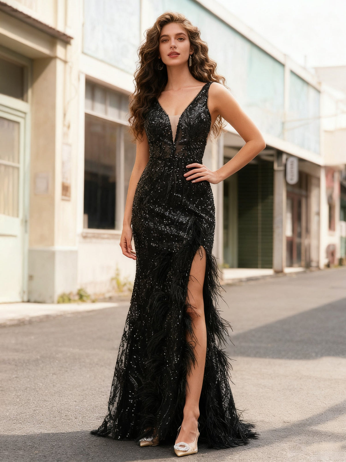 Robe sirène noire à décolleté plongeant en V et fente glamour ornée de plumes