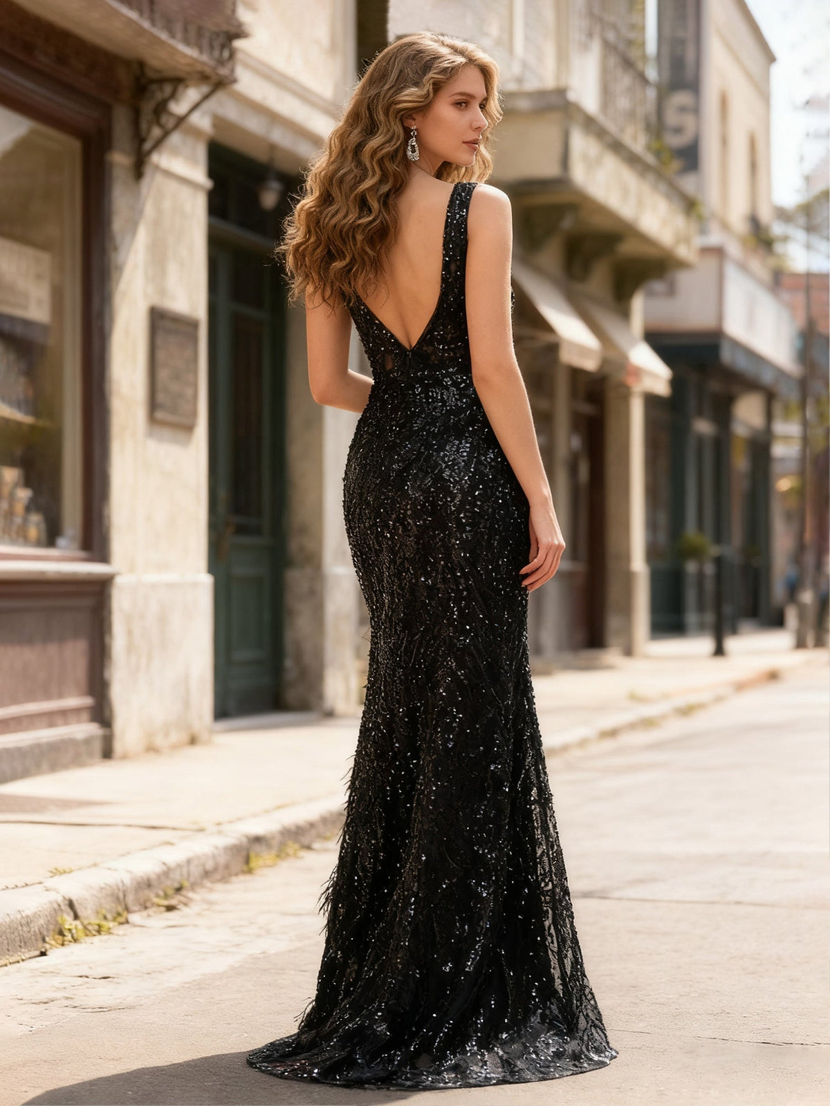 Robe sirène noire à décolleté plongeant en V et fente glamour ornée de plumes