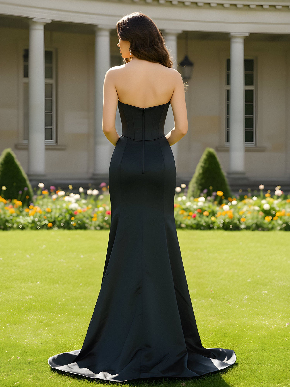 Robe Sirène Noire Scintillante à Décolleté Cœur et Fente Élégante