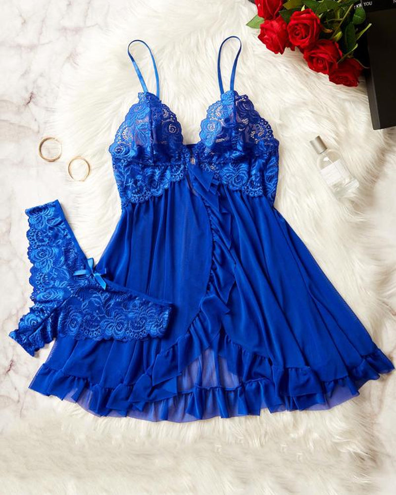 Ensemble nuit sexy en dentelle avec volants et jarretelles pour femme (chemise de nuit et culotte)