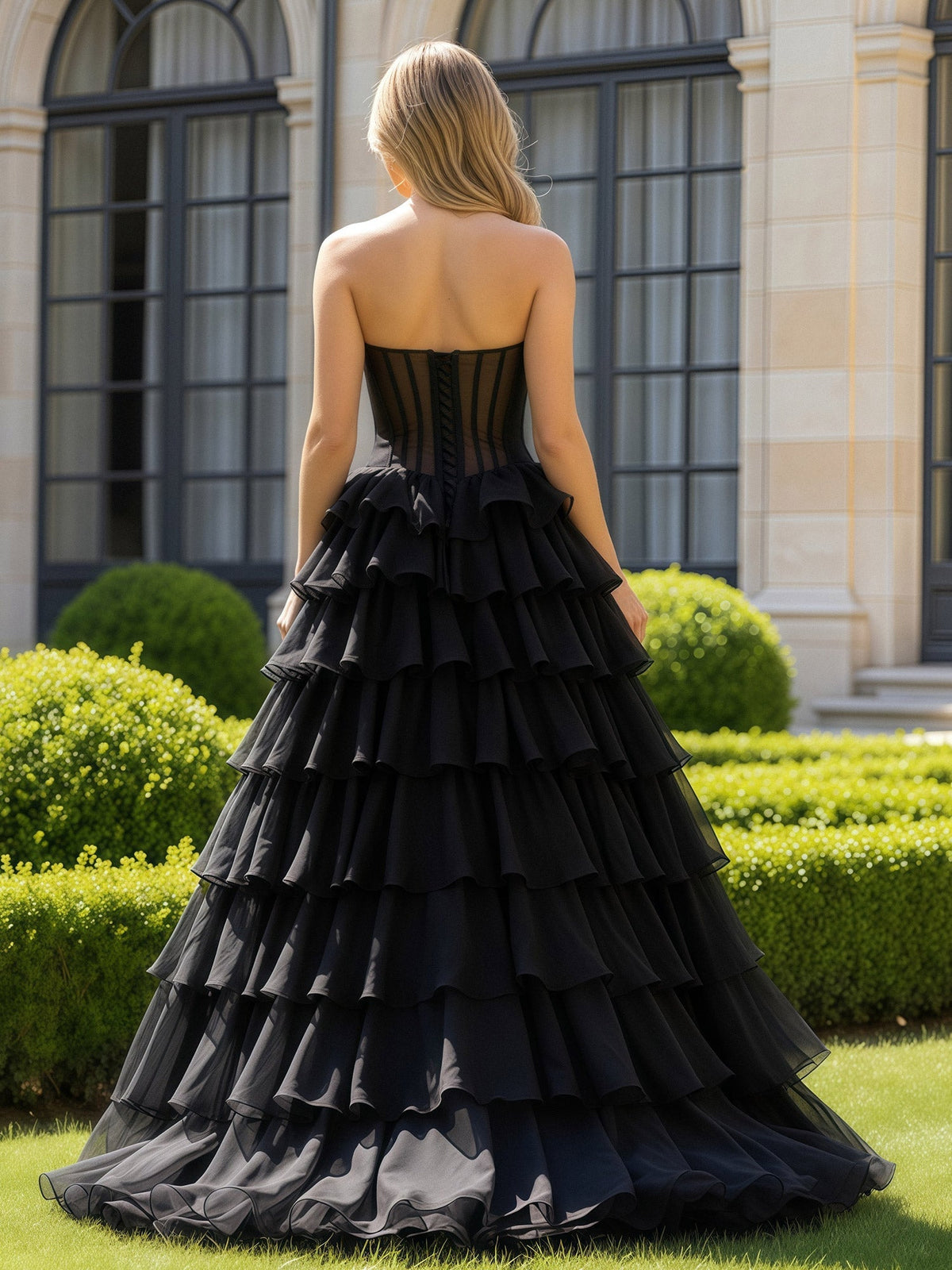 Robe de bal noire en mousseline, sans manches, à lacets, volants et fente élégante