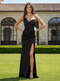 Robe de bal noire à motifs floraux, asymétrique à une épaule, sans manches, avec fente élégante