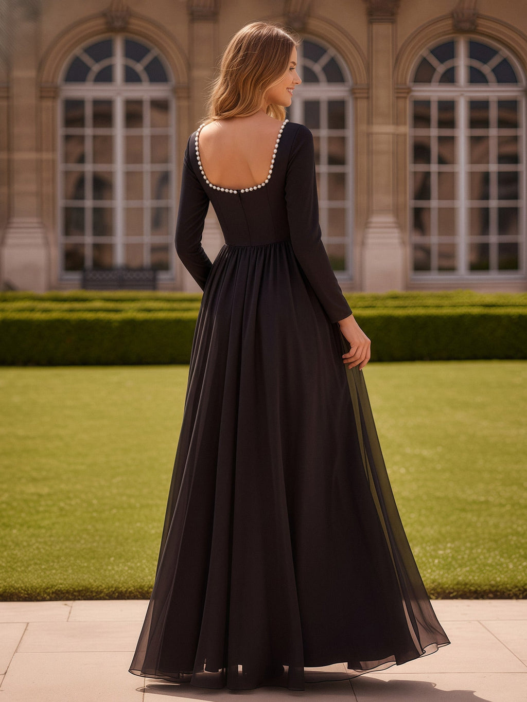 Robe Noire Perlée à Col Carré, Manches Longues et Fente Élégante