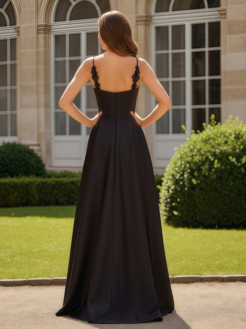 Maxi Robe Noire en Dentelle à Bretelles Spaghetti avec Élégant Col en Cœur