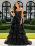Robe scintillante en tulle à col cœur, avec volants élégants et nœud noir