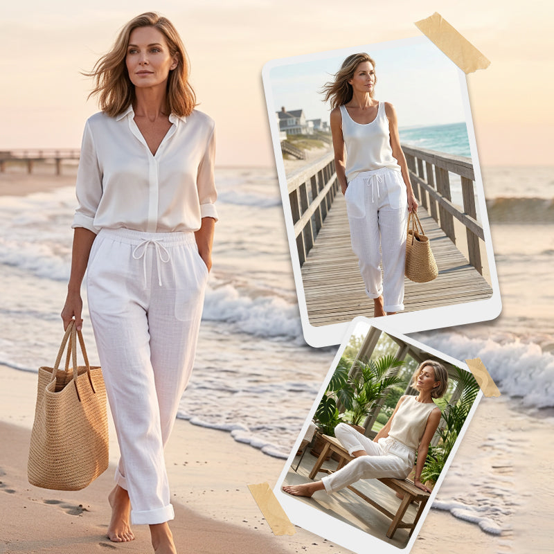 🌸 Pantalon décontracté pour femme en coton et lin avec taille élastique extensible