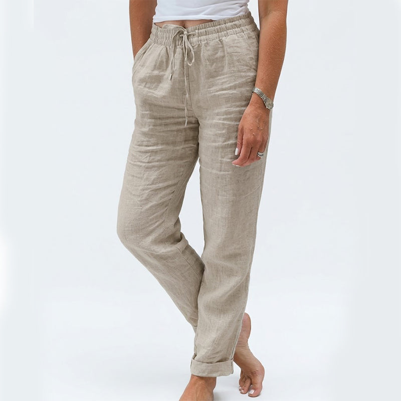 🌸 Pantalon décontracté pour femme en coton et lin avec taille élastique extensible