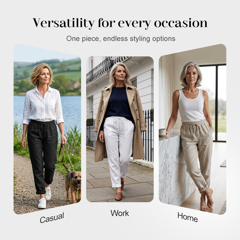 🌸 Pantalon décontracté pour femme en coton et lin avec taille élastique extensible