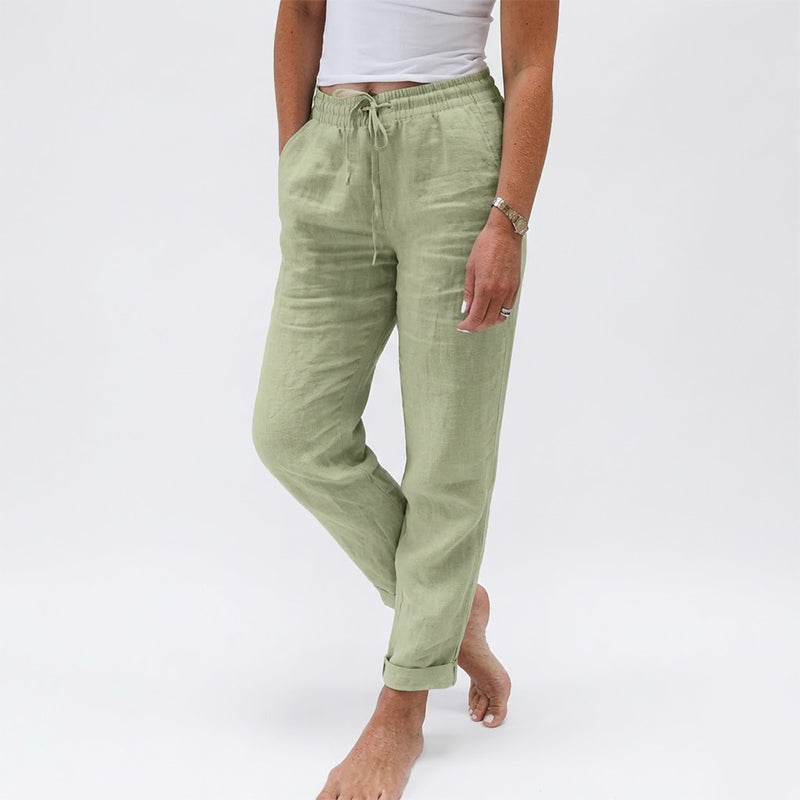 🌸 Pantalon décontracté pour femme en coton et lin avec taille élastique extensible