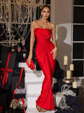 Robe longue en satin froncée sans bretelles Allaire
