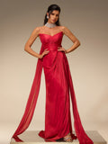 Robe longue élégante Avelis, bustier, froncée, avec fente latérale chic