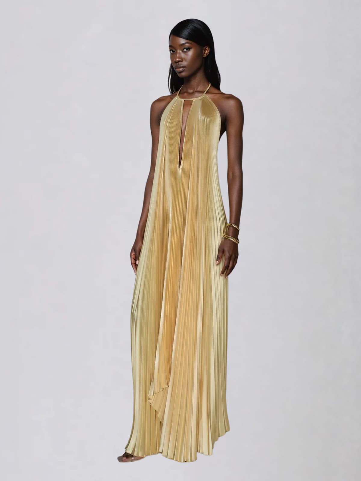 Robe longue métallisée plissée dos nu Belvix