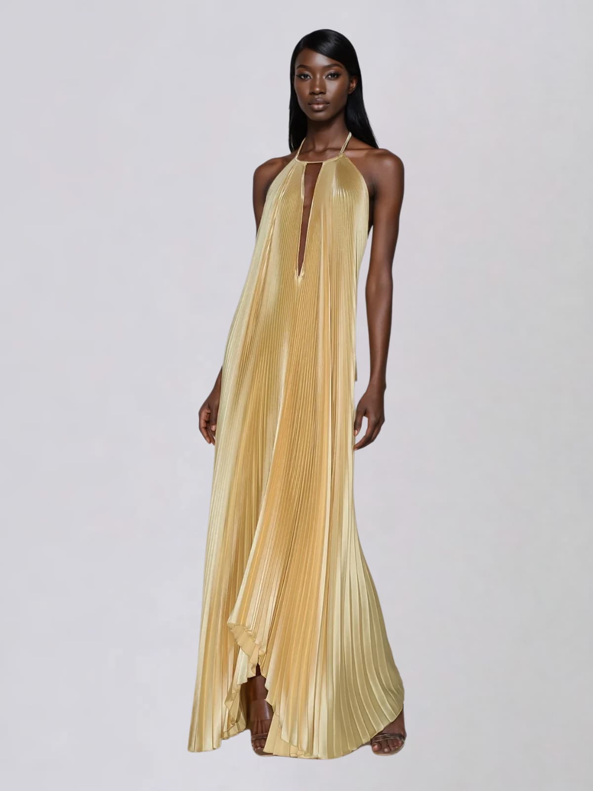 Robe longue métallisée plissée dos nu Belvix
