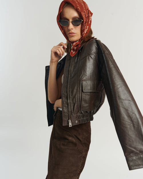 Blouson aviateur en cuir couleur chocolat