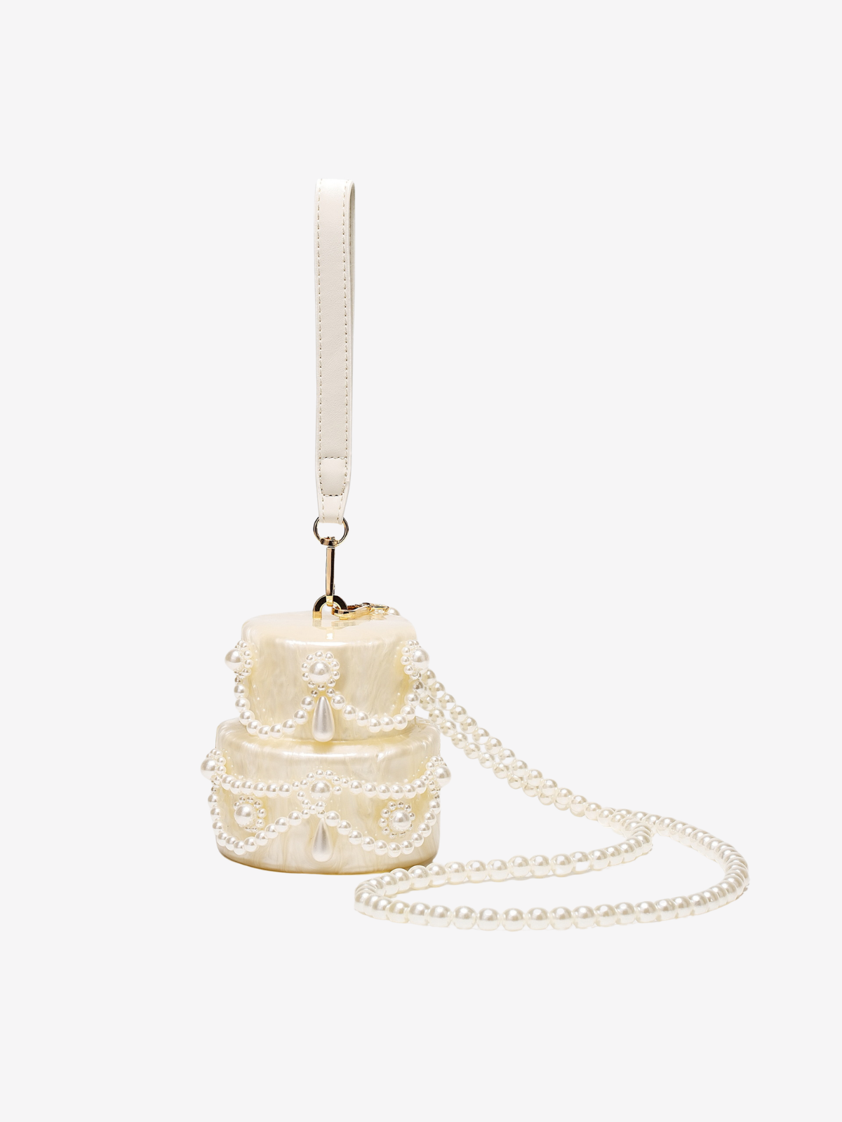 Pochette en acrylique en forme de gâteau ornée de perles blanches Elyxora