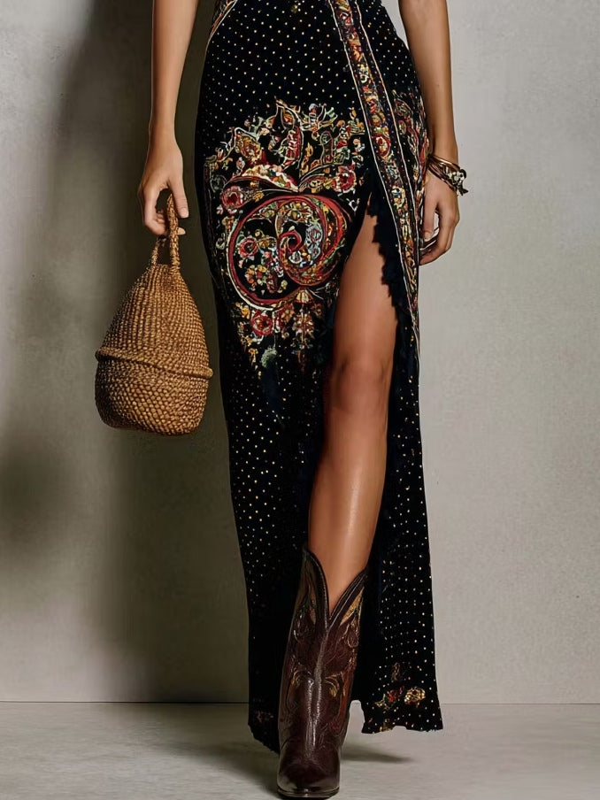 Robe bohème imprimée avec décolleté plongeant en V et élégante fente haute