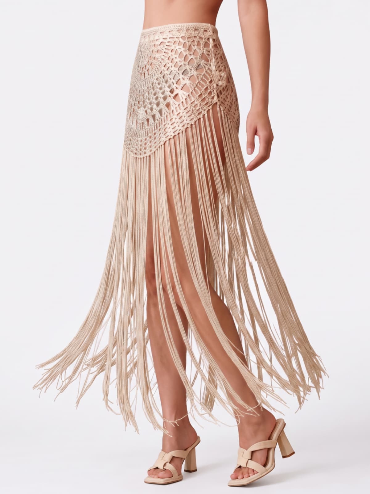 Jupe beige à découpes et franges Leldrin